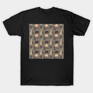 A cat, a statue and moths in dark muted autumn colors T-Shirt